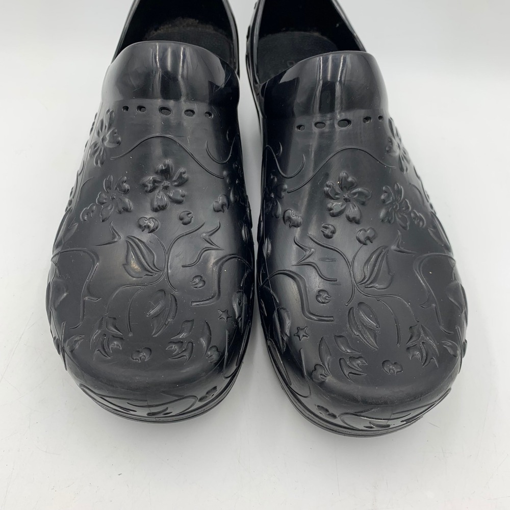 Dansko Pixie Black Floral Embossed Clogs Rubber E… - image 4
